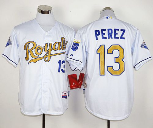 Royals #13 Salvador Perez White 2015 World Series Champions Gold Program Stitched MLB Jersey - Click Image to Close